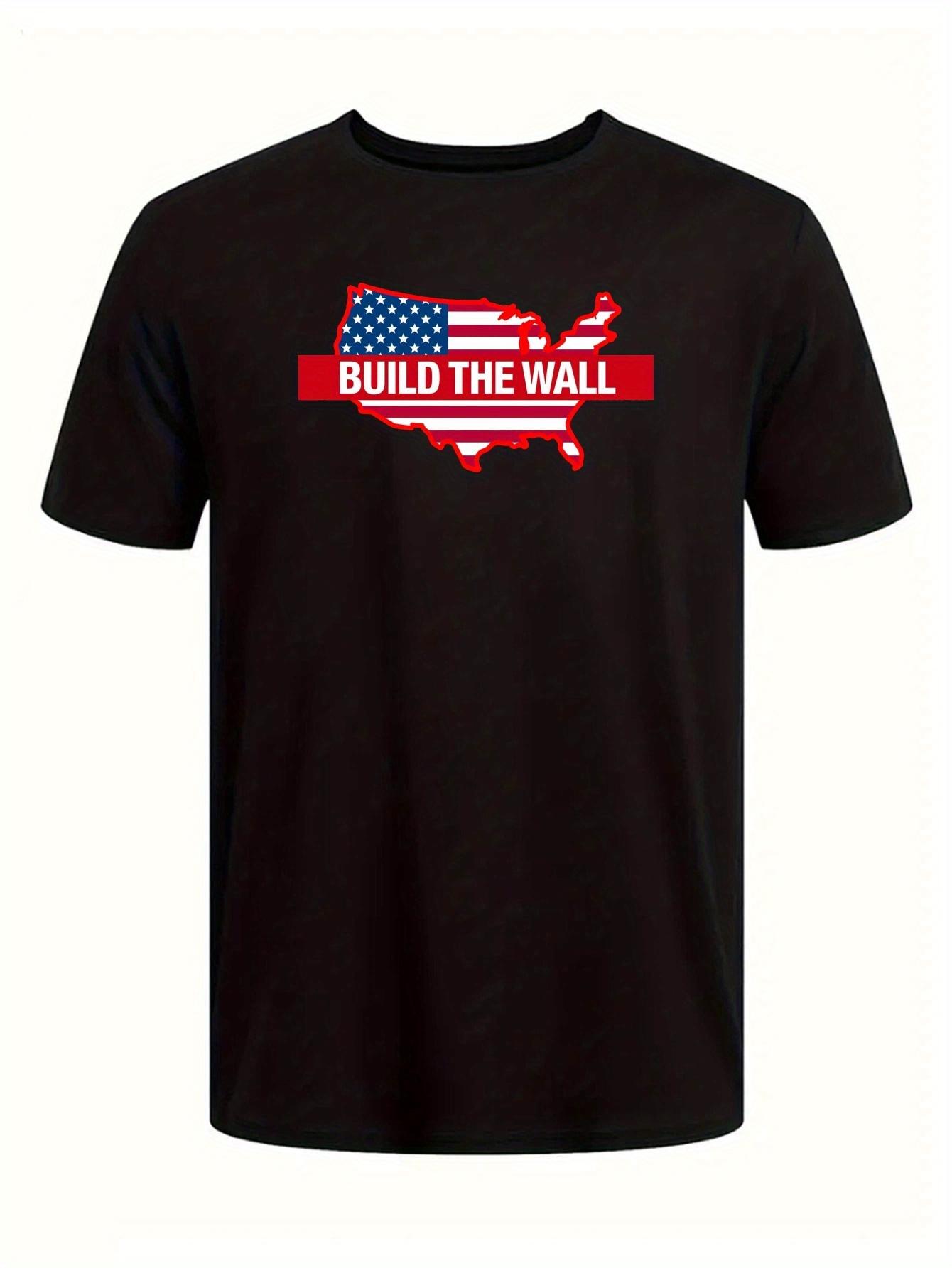 Build the Wall Graphic T-shirt - Patriotic American Flag Design L