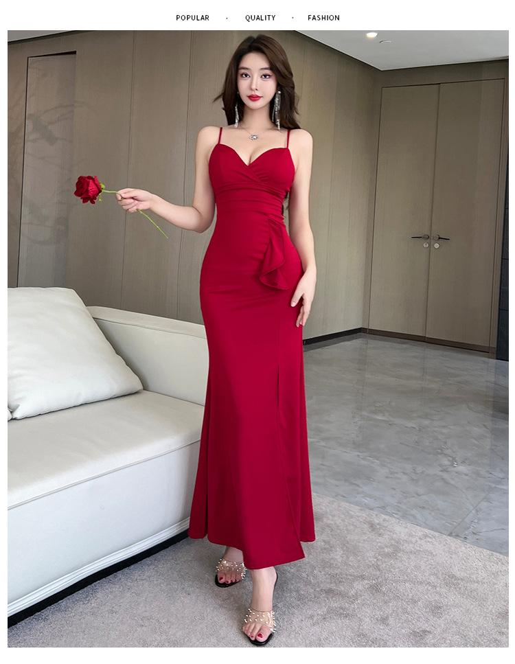 Pure desire sexy v-neck suspender dress women's summer black slim fit slim hip wrap nightclub dress long skirt