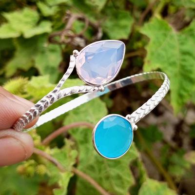 Pierre Gemme en Verre Facetté Bleu Plaqué Argent Sterling 925 Raire Bracelet Manchette Réglable TACB-B48