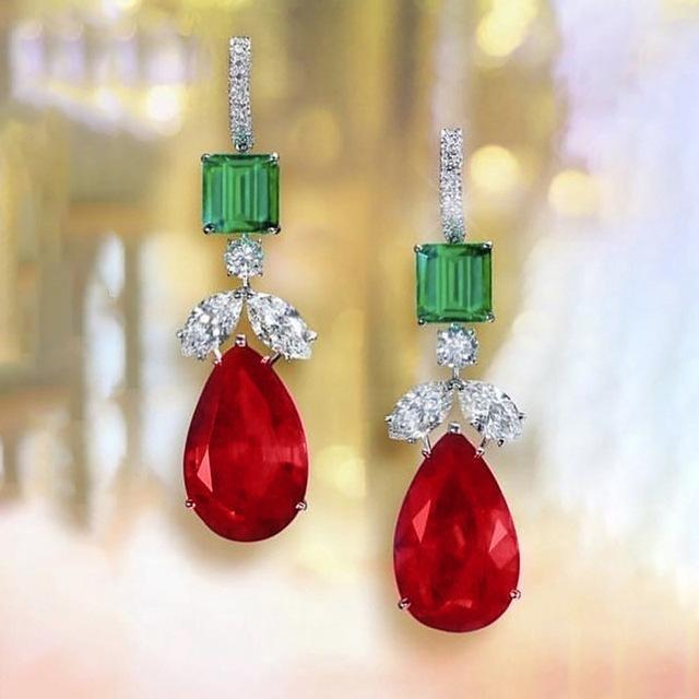 Carat Round Red Garnet Flower Stud Earrings for Women Fashion Engagement Jewelry Birthday Gifts New Water Drop Long