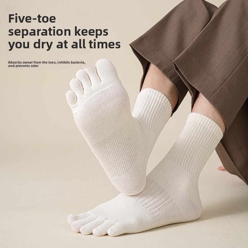 Fall/Winter Men's Five-Fingered Socks with High Elasticity, Pure Color Mid-Calf Tights, Sport-Style Sweat Absorbing and Anti-Turning-Up Long Socks
