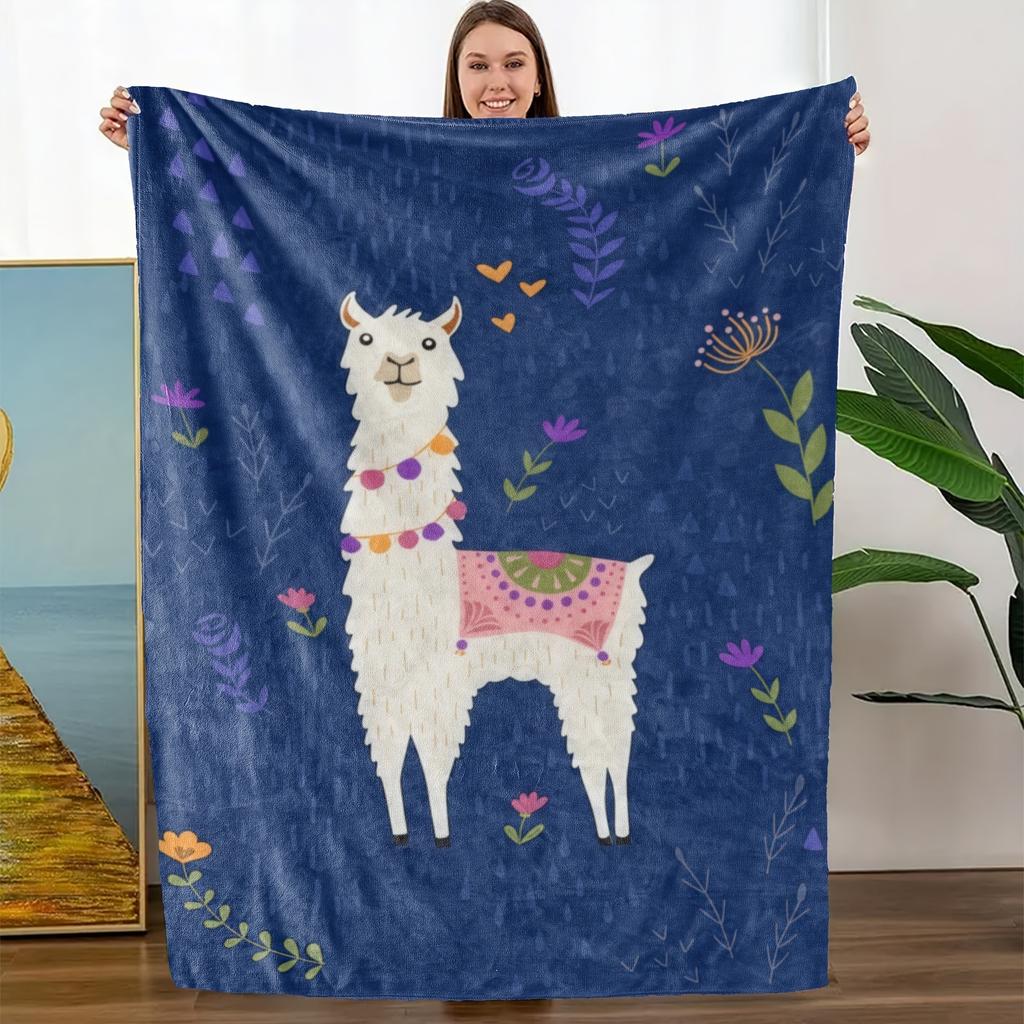 1pc Cozy Alpaca-Themed Flannel Blanket - Soft & Breathable Polyester, Vibrant Digital Print with Llamas & Floral Desig