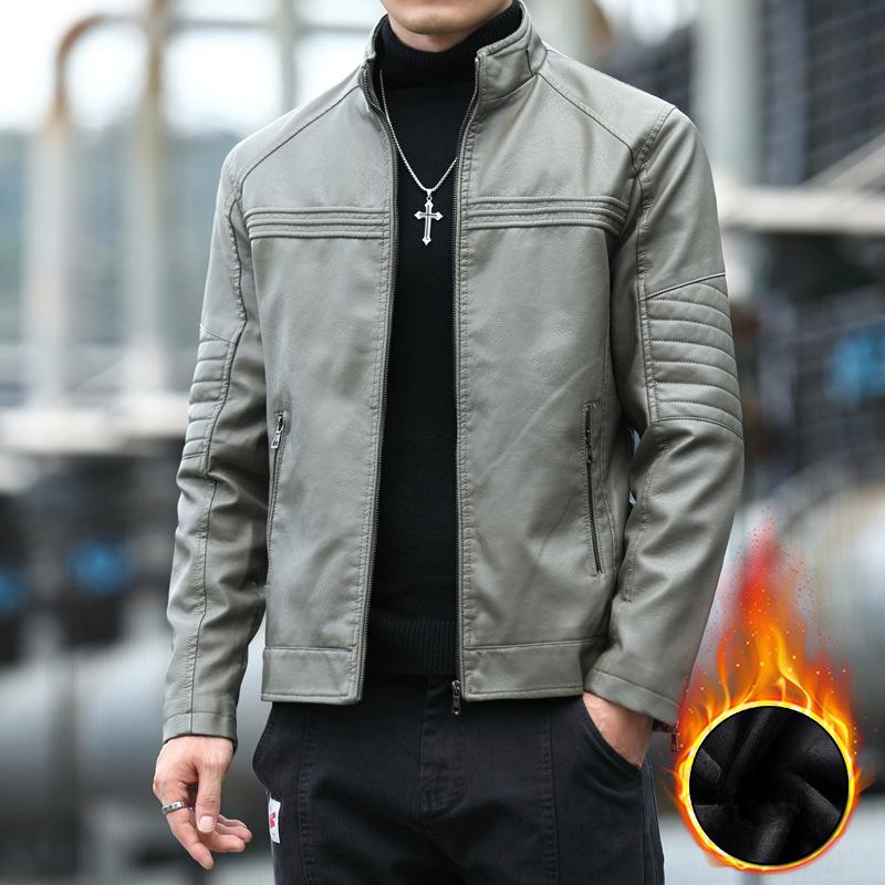 

Мужское кожаное осенне-зимнее пальто в корейском стиле, модный тонкий и красивый зеленый мотоциклетный костюм, кожаная куртка со стоячим воротником для мужчин 4XL