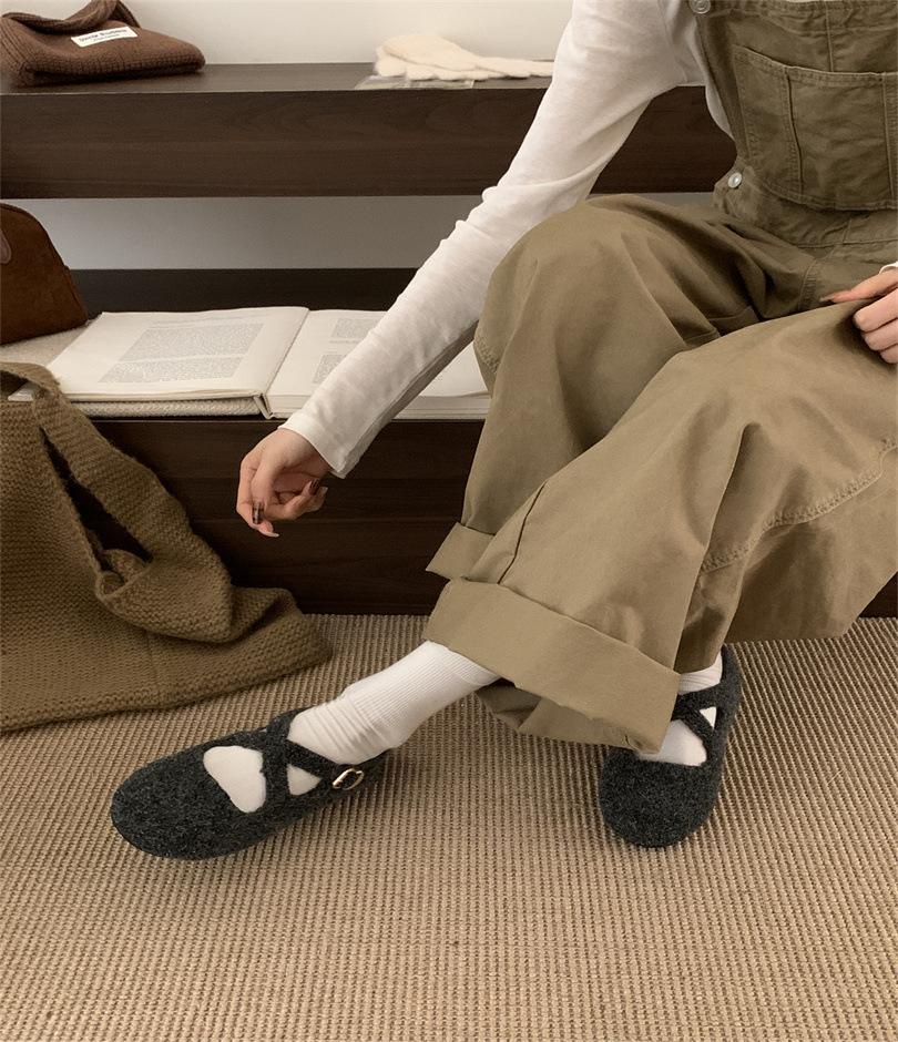 Grape Mother Studiolee Soft Cute Round Head Cross Buckle Sweet Wind Suede Light Mouth Fluffy Mary Jane Single Shoes