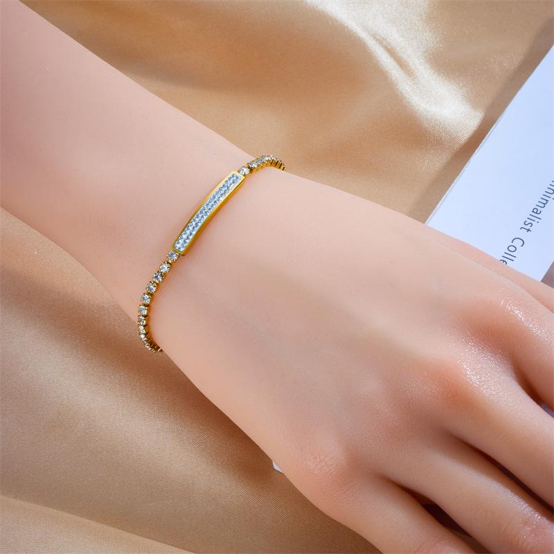 Gold Plated CZ Tennis Bracelet with Bar Charm, Dainty Cubic Zirconia Link Chain Bracelet, Elegant Jewelry for Women Gift