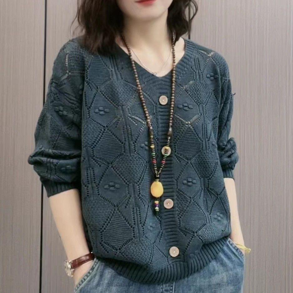 Autumn Casual Fashion Hollow Long-sleeved Pullover Sweater V-neck Loose Large Size Slim Solid Color Button Bottoming Top