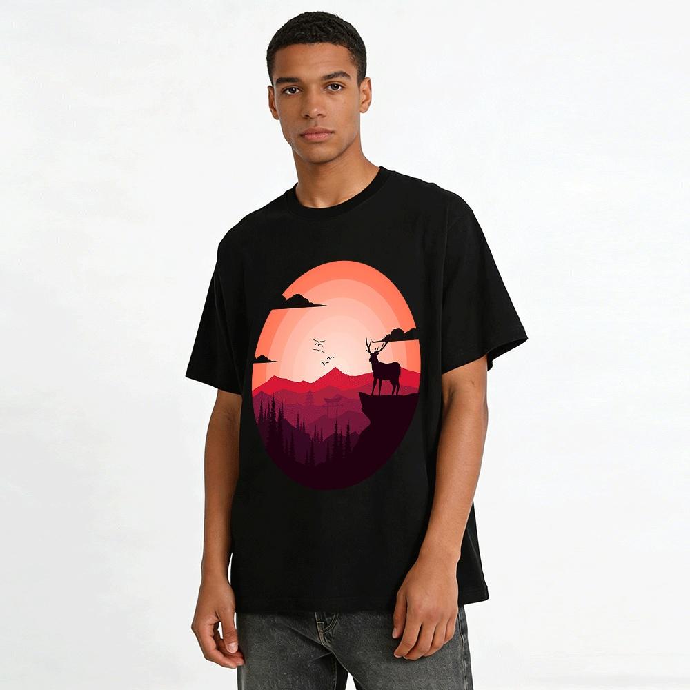 Sunset Deer Cliff Chinese Landscape Print Casual T-Shirt Pure Cotton T-shirt