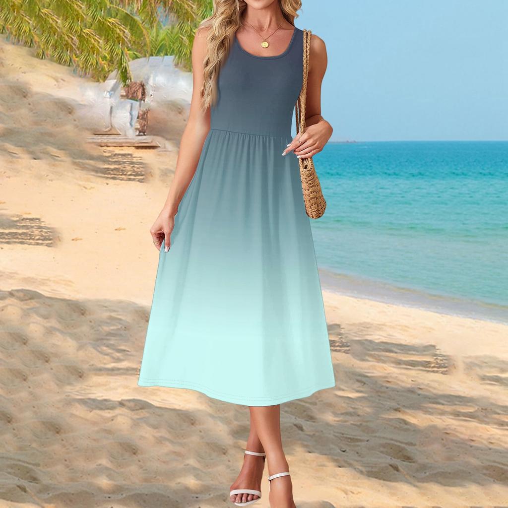 Fashionable women's summer dress with gradient print, elegant casual wear, beach vacation sun skirt with pocket