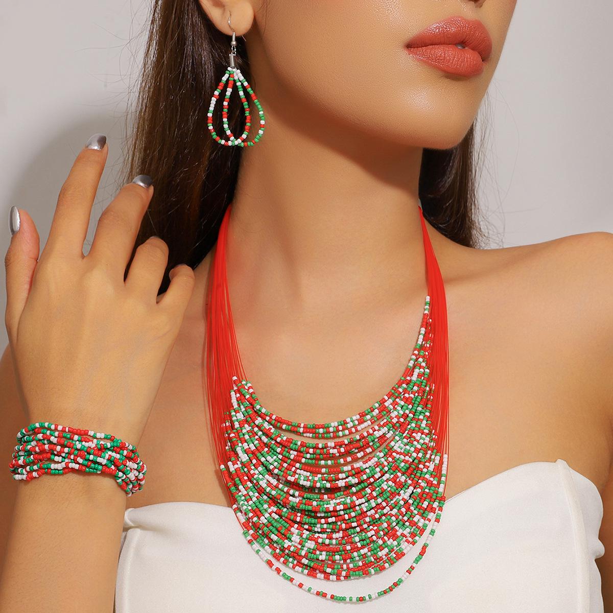 

Colorful Seed Bead Multi-Layer Necklace & Earrings - European & American Niche Fashion, Exaggerated Design, Christmas Jewelry.