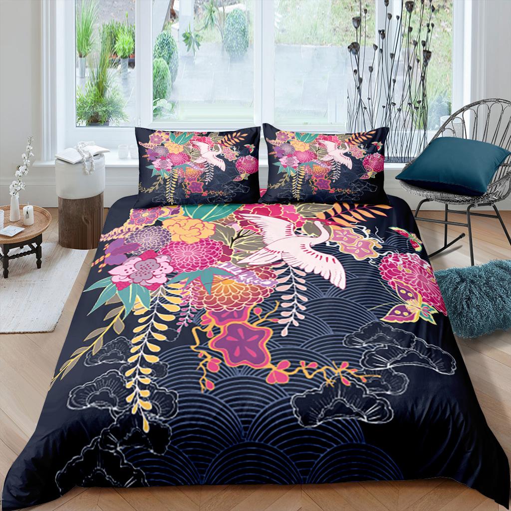 Japanese Crane Duvet Cover King Queen Size Wave Flower Ukiyo-E Style Bedding Set Eastern Culture 2/3Pcs Polyester Quilt Cover