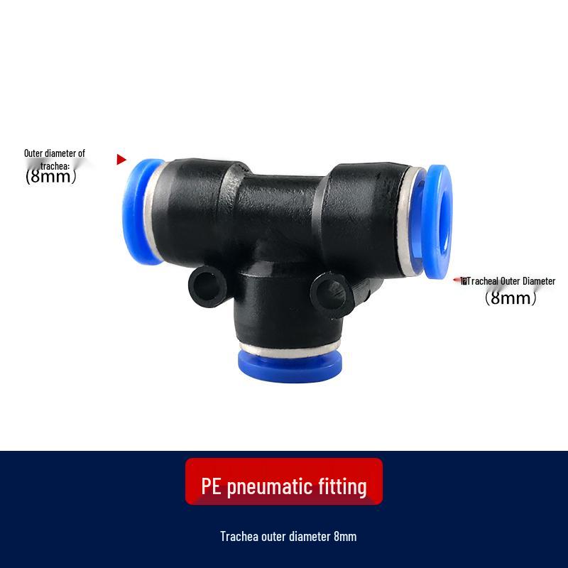 T-Type Pneumatic Hose Quick Connector, Push-in, PE Plastic, Sizes 4-16mm