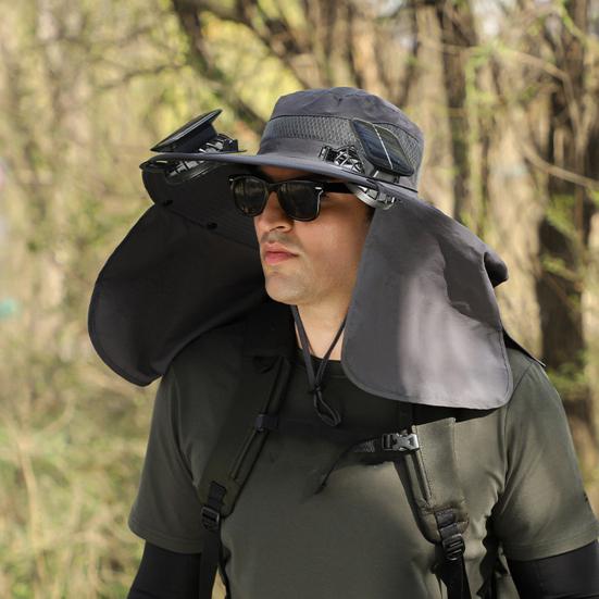 Bucket Hat Lightweight Breathable Water-Repellent Fabric Hiking Hat Adjustable Chin Cord Foldable Neck Guard Sun Hat with 2 Fans