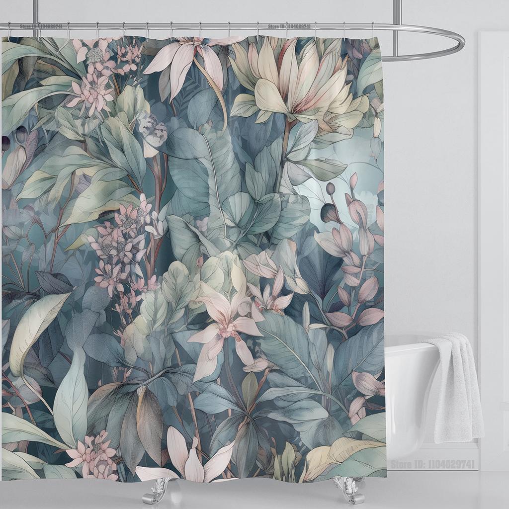 Aquatic Plants Floral Shower Curtain Waterproof Shower Curtain Polyester Fabric 3D Printed Curtain Bathroom Decoration With Hook