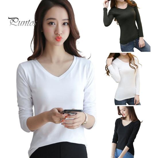 Women Shirt T-Shirt Crew/V Neck Slim Fit Pullover Long Sleeve Stretchy Keep Top Warm Solid Color Autumn Basic Tee Tops Daily Clothing Cold Resistant