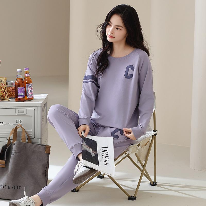 Couple pajamas spring and autumn long-sleeved pure cotton simple fashion casual men and women can wear sports loungewear suit in autumn