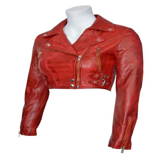 NOORA Women's Rose Red Cropped Biker Leather Jacket