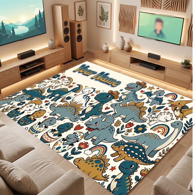 Dinosaur Theme Soft Crystal Velvet Rug Custom Name & Text Print Non Slip Floor Rug for Bedroom Living Room