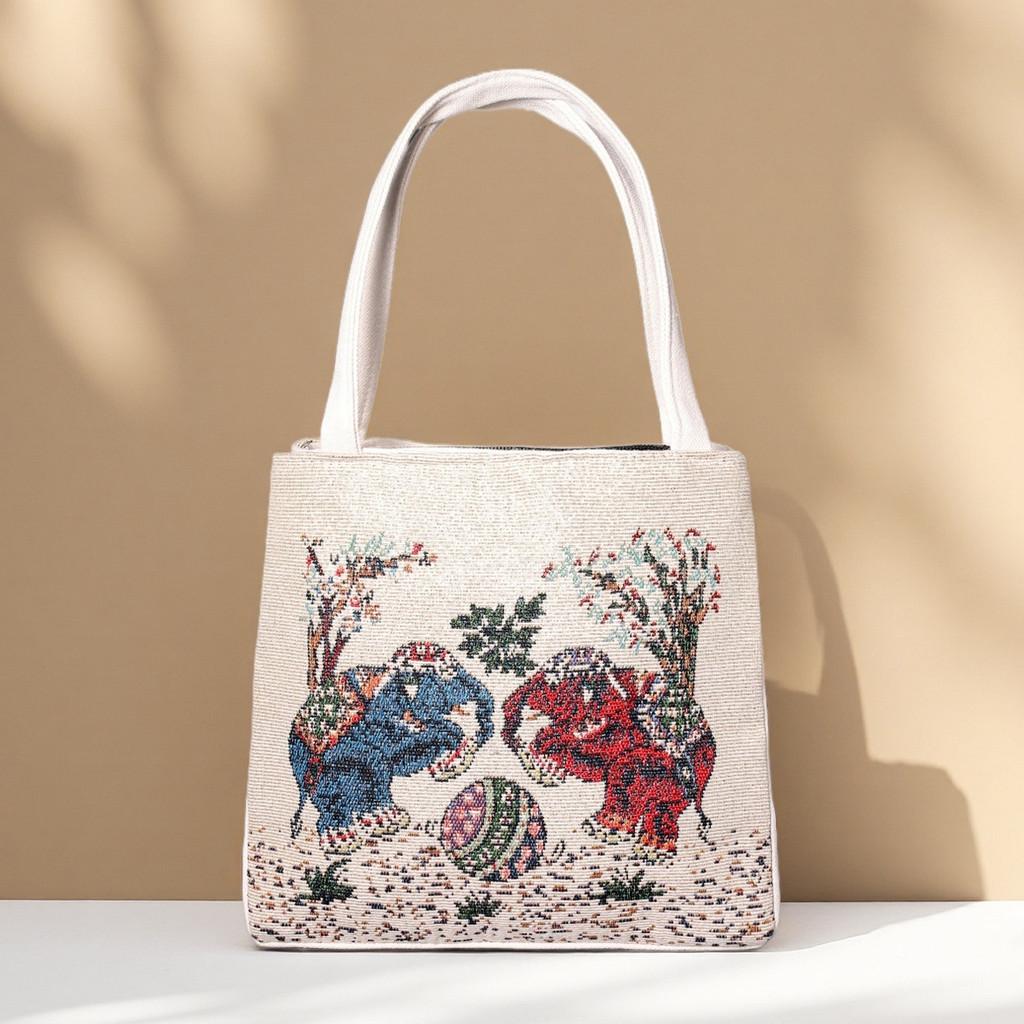 Panda Pattern Canvas Handheld Bag With Embroidery For Casual Day Use