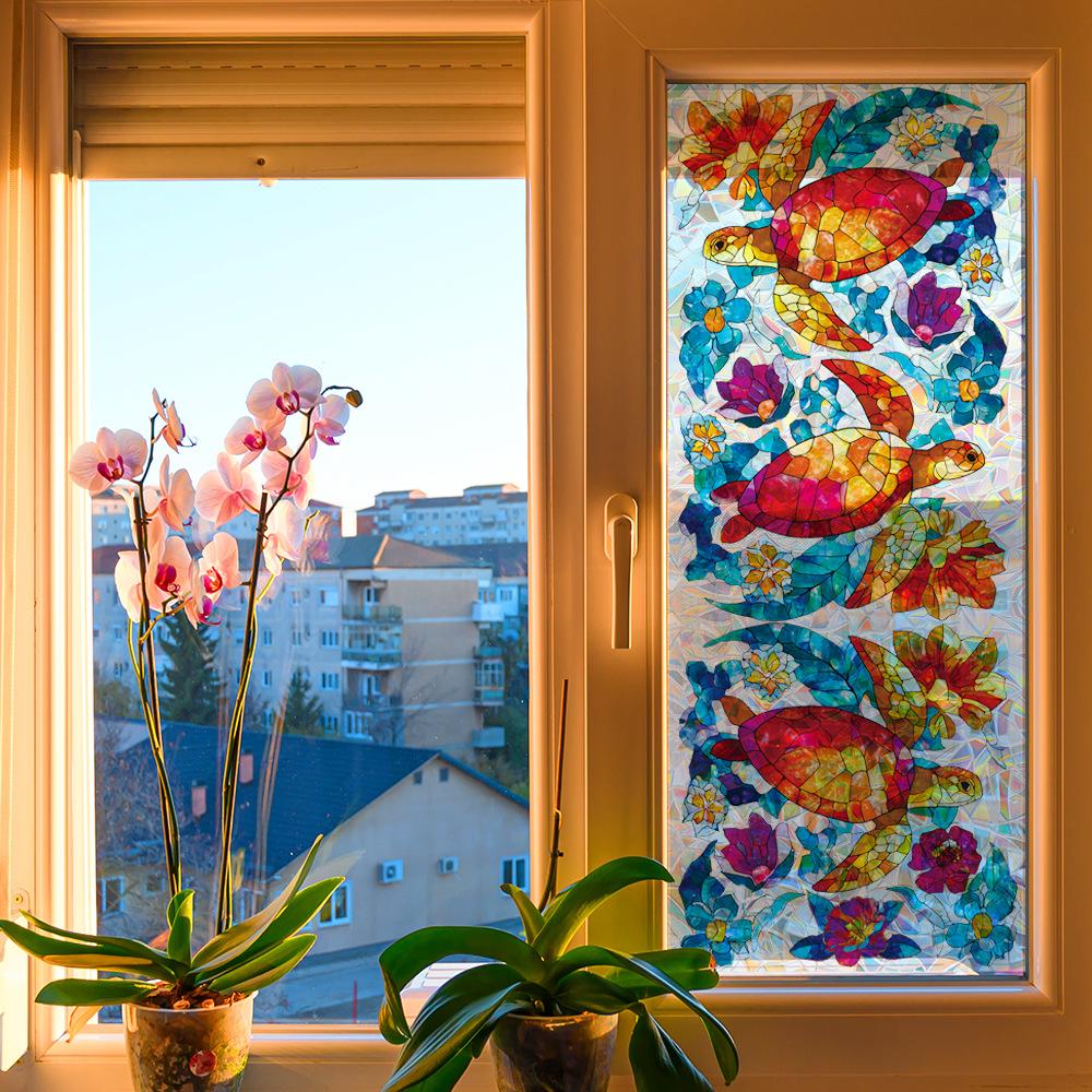 Personalised Laser-Cut Glitter Turtle and Floral Bathroom Glass Door and Window Decorative Static Cling Stickers