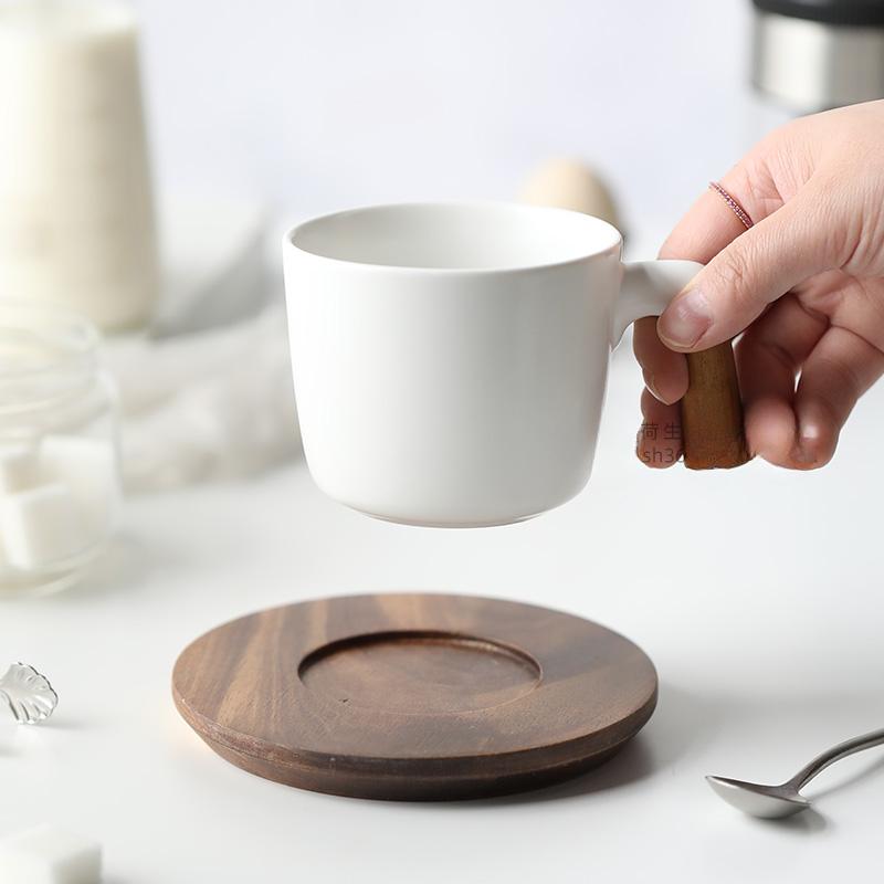 Creative Wood Handle Ceramic Coffee Cup Saucer Afternoon Tea Black Tea Cup with Wooden Pad Matte