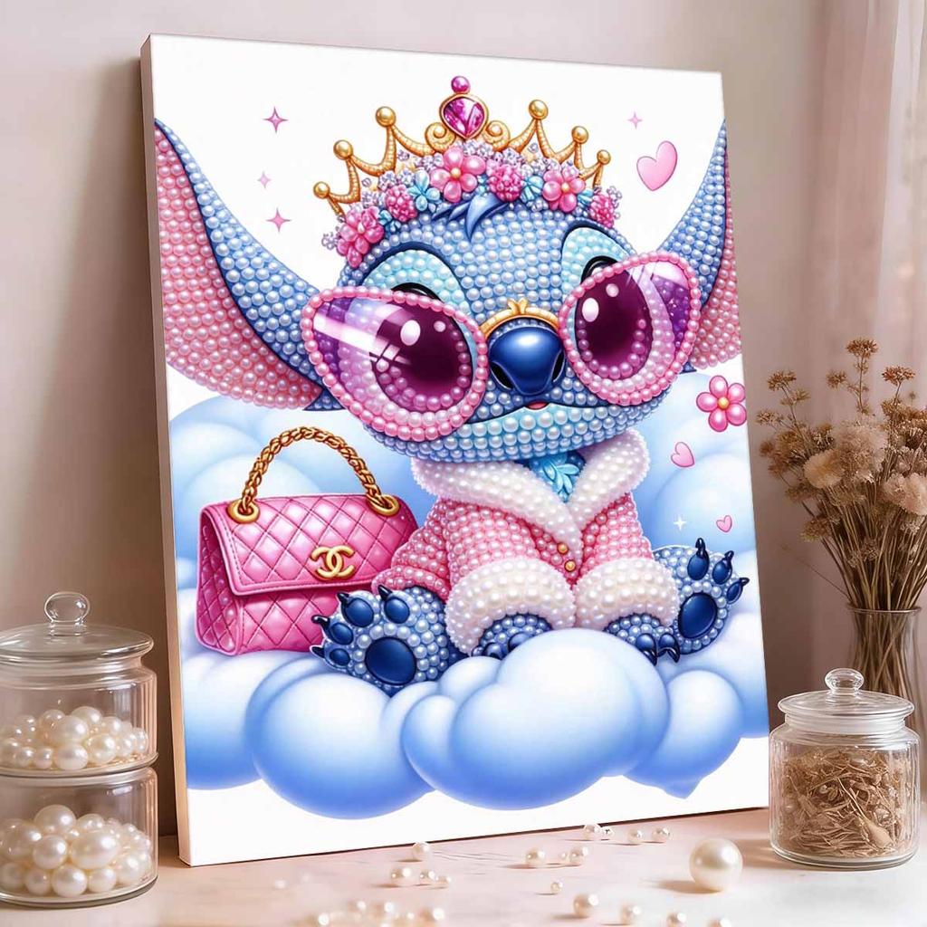 Sweet Cool Pearl-Inlaid Stitch Frameless Art | Cloudy Dreamy Bg, Handmade 2D Pearl Craft, Shows Pink Outfit, Ideal for Y2K, Girly, Creamy Home Decor