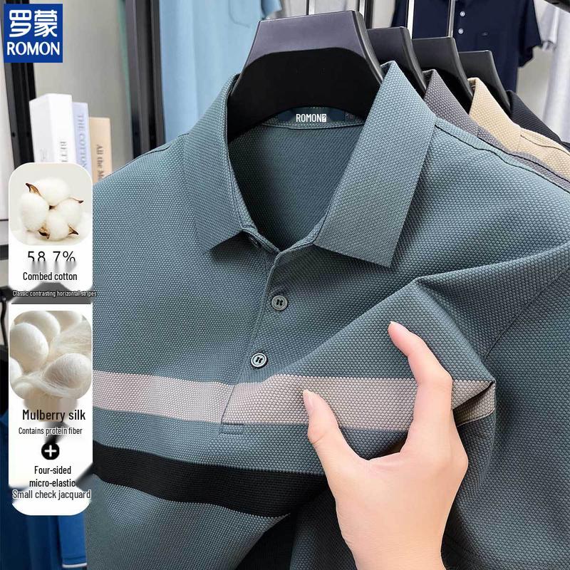 ROMON Men s Silk Cotton Business Polo Shirt 3XL