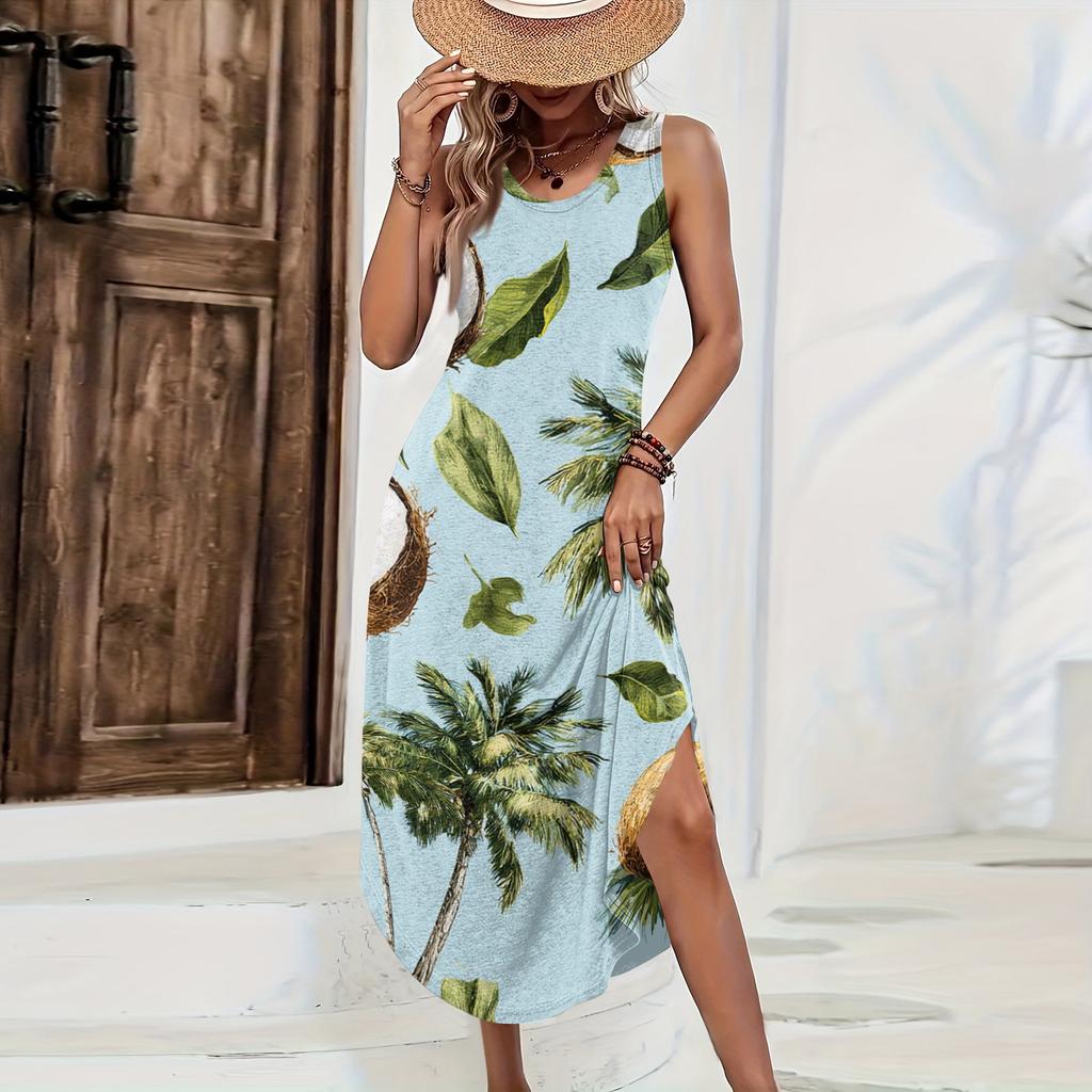 Women Sleeveless Casual Loose Fit Long Dress Hawaiian Print Side Slit Summer Beachwear Maxi Dress Comfortable Lightweight