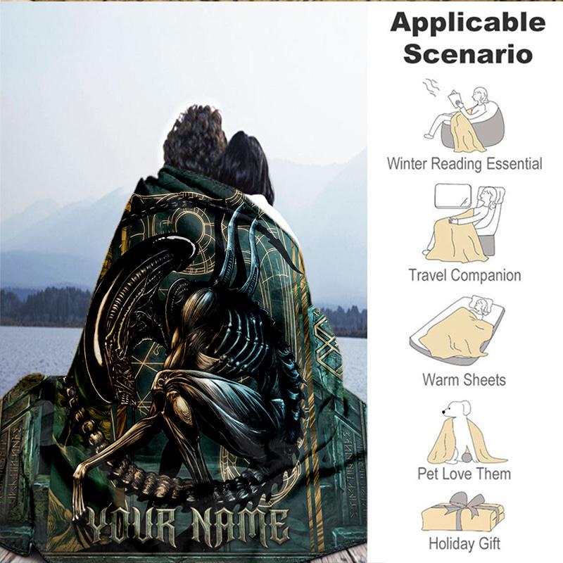 1PC Custom Name Blanket Alien Artwork Flannel Blankets Patterns Throw Blanket All-Season Soft Gift for Couch, Bed, Camping, Birthday Gifts