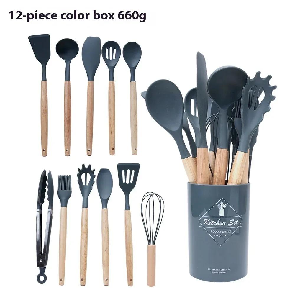 12Pcs Kitchen Cooking Utensils Set Wooden Handle Cooking Tool Non-stick Cookware Spatula Shovel Egg Silicone Kitchenware Beaters