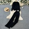 Relaxed-Style Half-Zip Knit Top and Wide-Leg Pants Two-Piece Set for Women Casual Jacquard Pullover Sweater Trousers Sets Fall Commuter Outfit