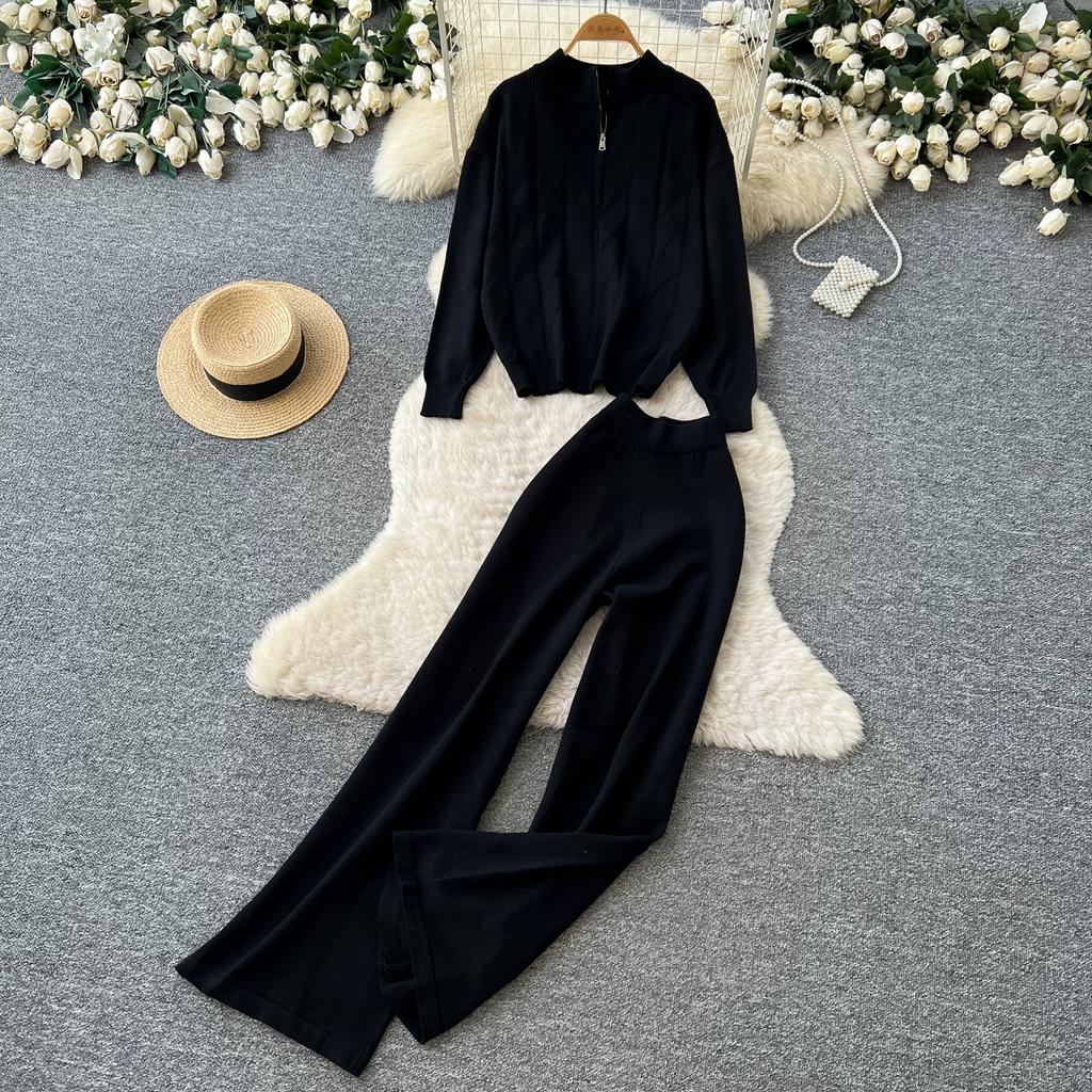 Relaxed-Style Half-Zip Knit Top and Wide-Leg Pants Two-Piece Set for Women Casual Jacquard Pullover Sweater Trousers Sets Fall Commuter Outfit