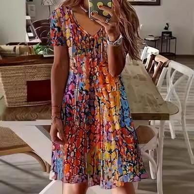 European and American summer new V-neck printed short-sleeved women s dress printed dress S красный