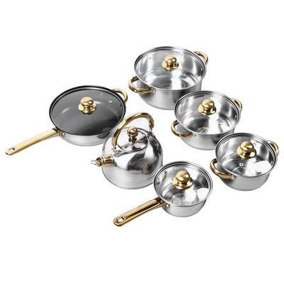 12 Pezzi Pentole da Cucina Acciaio Inossidabile Manico Dorato Lisciatura Robuste Facili da Pulire Set di Pentole per