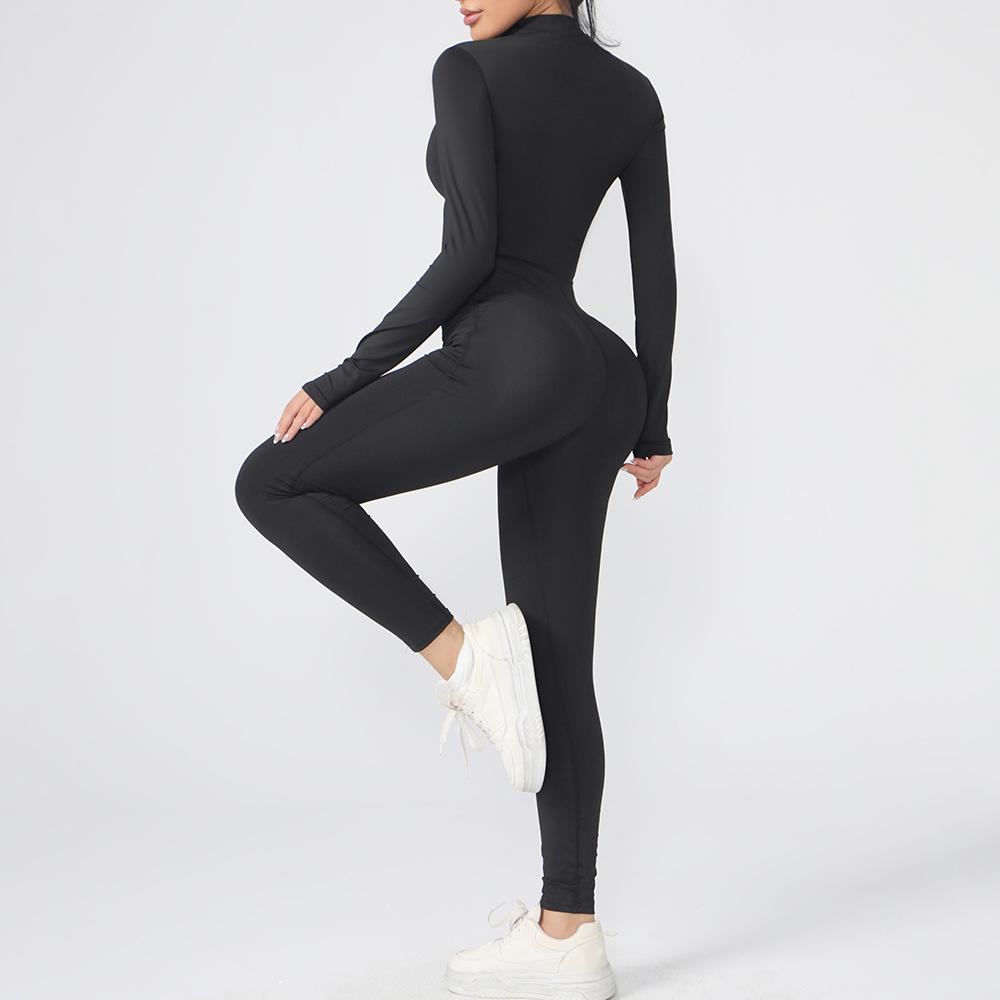 Women's European & American Zipper Jumpsuit Yoga Suit: Long Sleeve, Long Pants Bodysuit, Body-Shaping Fitness & Dancewear