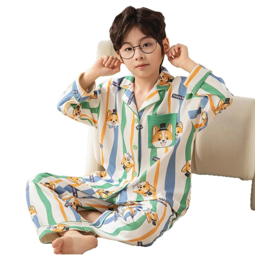 Children's Cartoon Cotton Pajama Set - Lapel Long Sleeve Cardigan for Spring and Autumn (Medium & Large)