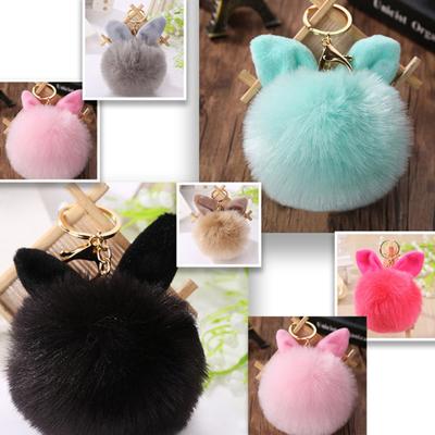 Faux Fur Rabbit Ear Soft Pompom Ball Key Ring Chain Keychain Bag Charm Pendant