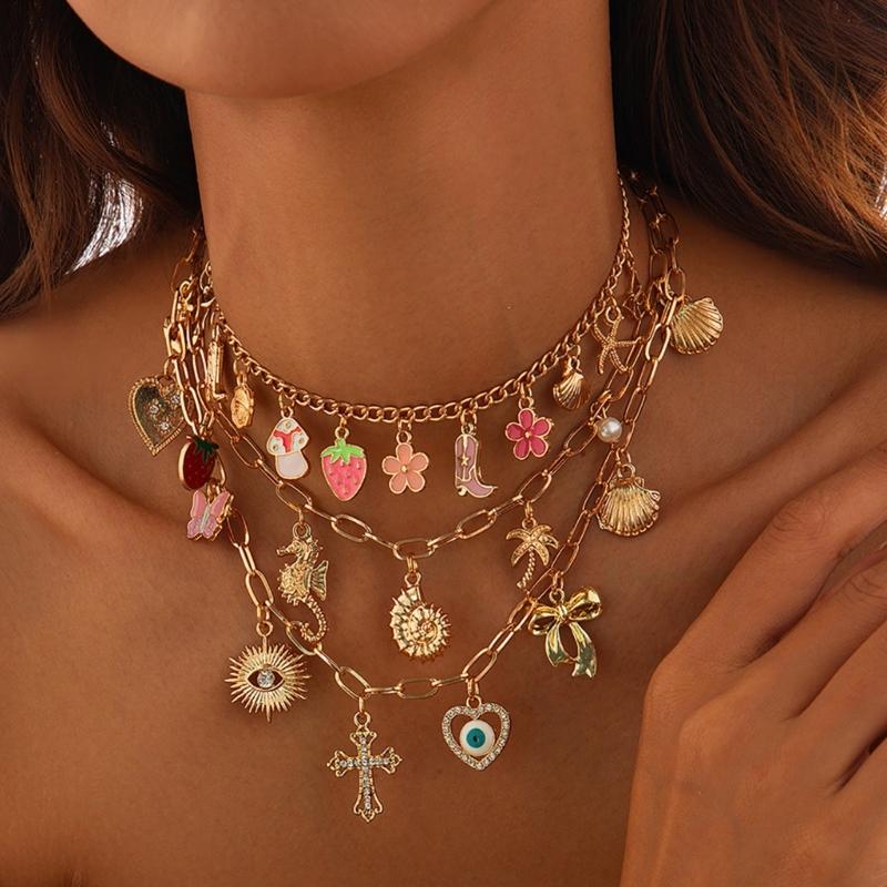 Stylish Gold Crosses Necklace for Women with Seashells Charm Decoration for Beach and Summer Fashion Statement Pieces