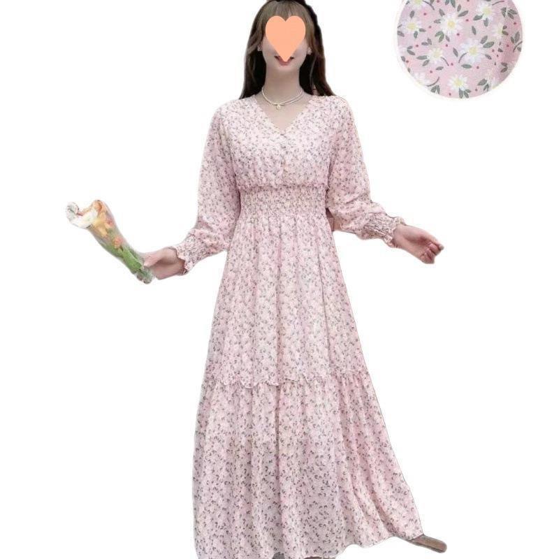 Floral Chiffon Midi Dress With High Waist And Ruffle Hem For Spring Casual Wear