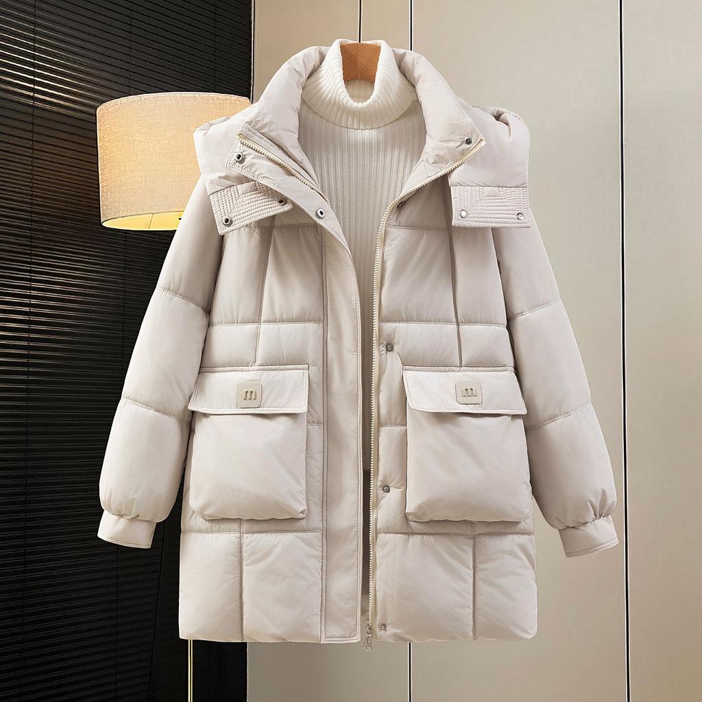 Mid-length Cotton Coat Women's Loose Removable Hat Cotton Coat New Winter Solid Color Warm Women's Jacket