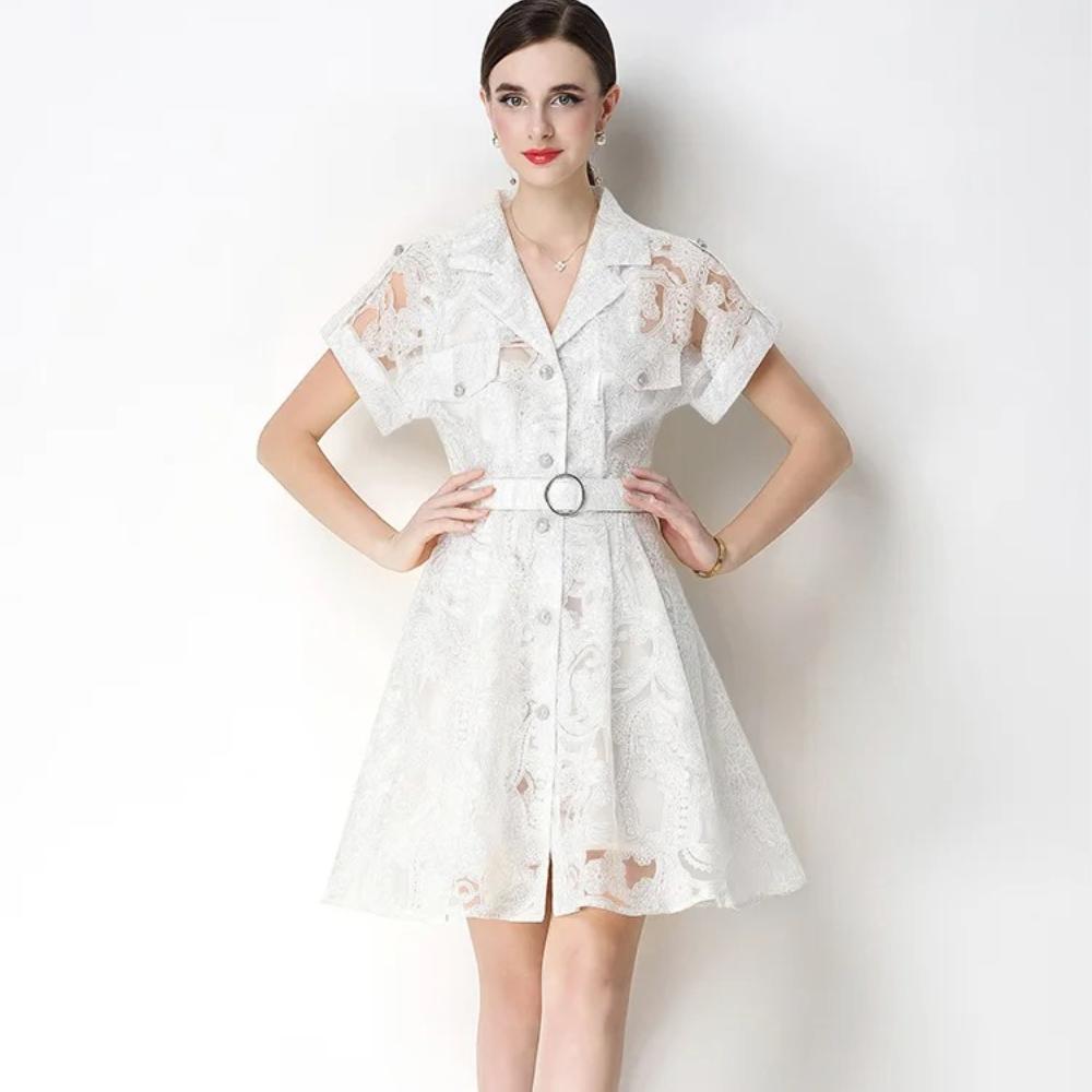 Elegant Lace Embroidery Hollow-out Mini Dress for Women Lapel High Waist A-Line Short Sleeve Single Belt Short Dress Summer