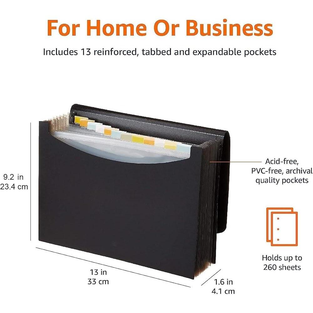 Basics A4 Document Case File Folder with Expandable Sections and Labels, Black 13cm x 21cm