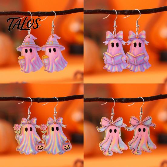 Burr-free Smooth Earrings 1 Pair Acrylic Halloween Earrings, Cute Pink Ghost Dangle Curved Hook Drop Holiday Costume Jewelry for Women Bow Detail