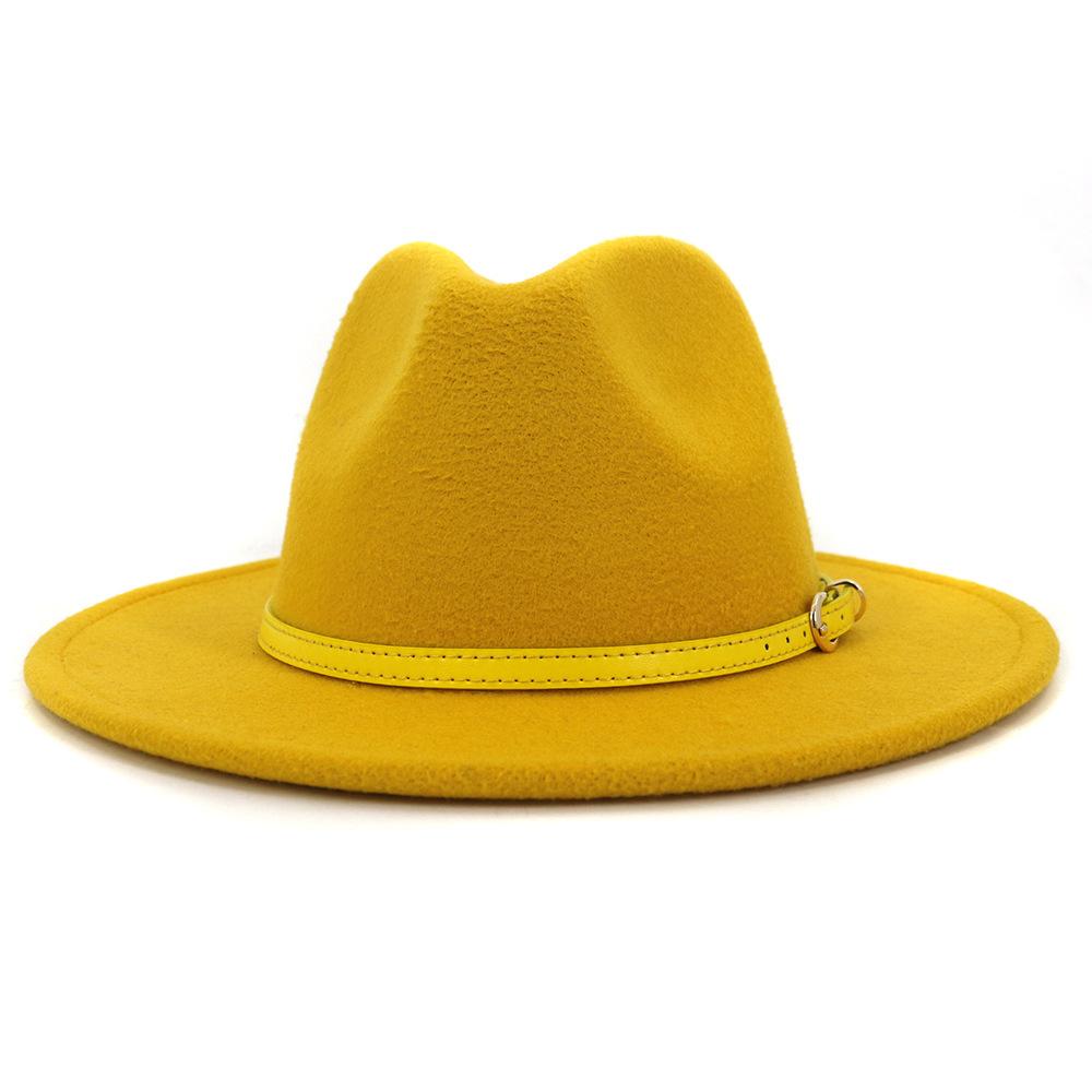 QBHAT Yellow Blue Patchwork Wool Felt Fedora Hats with Yellow Leather Band Vintage Fashion Men Women Jazz Cap Panama Hat