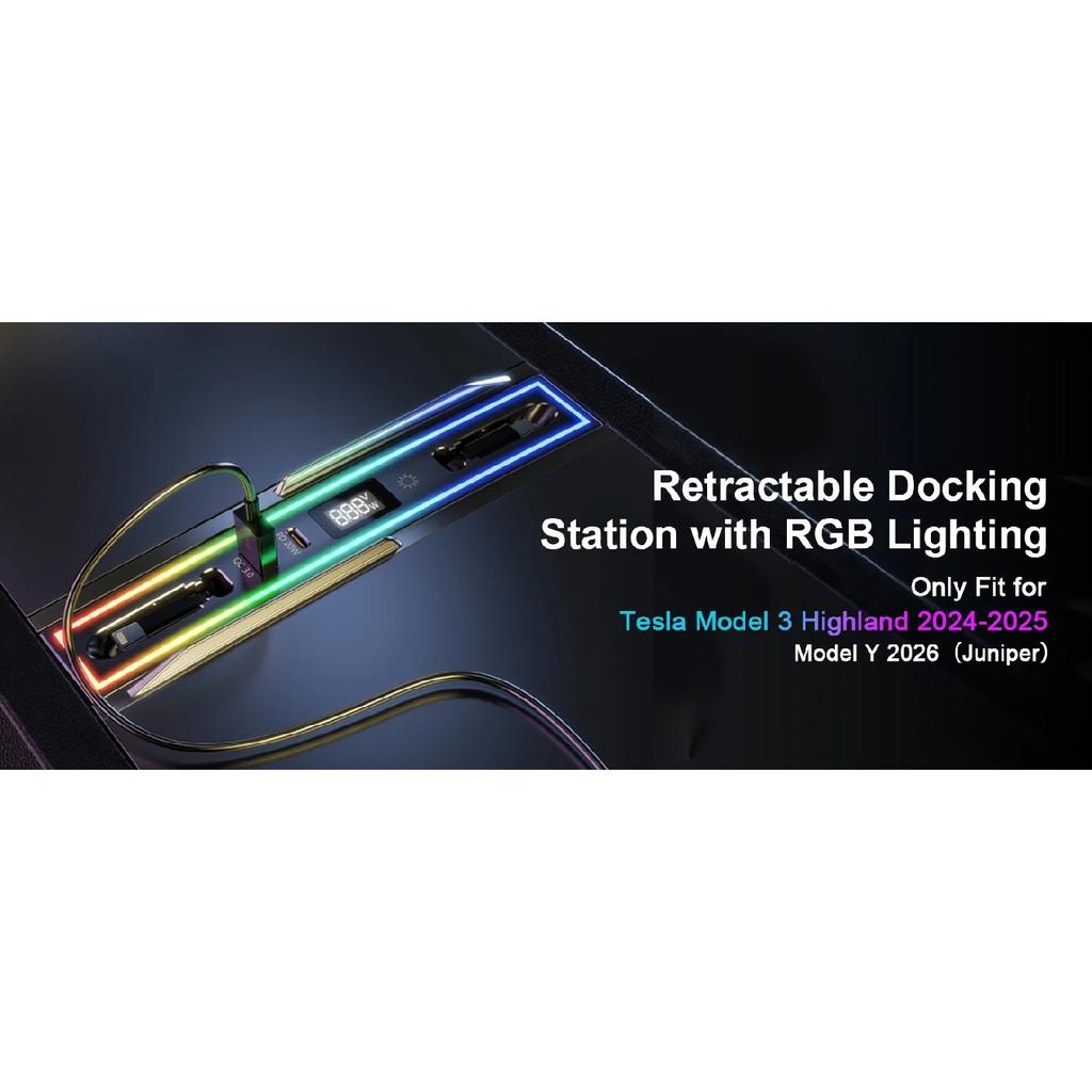 Früher USB-Hub für Tesla Model 3 Y Highland Schnellladegerät Einziehbare Dockingstation mit RGB-Beleuchtung Schnelllade-Datenkabel
