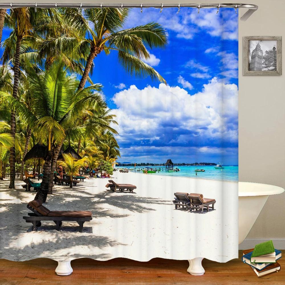 3D Seascape Beach Printed Fabric Shower Curtains Bathroom Curtain Bath Screen Waterproof Products Home Decor with Hooks