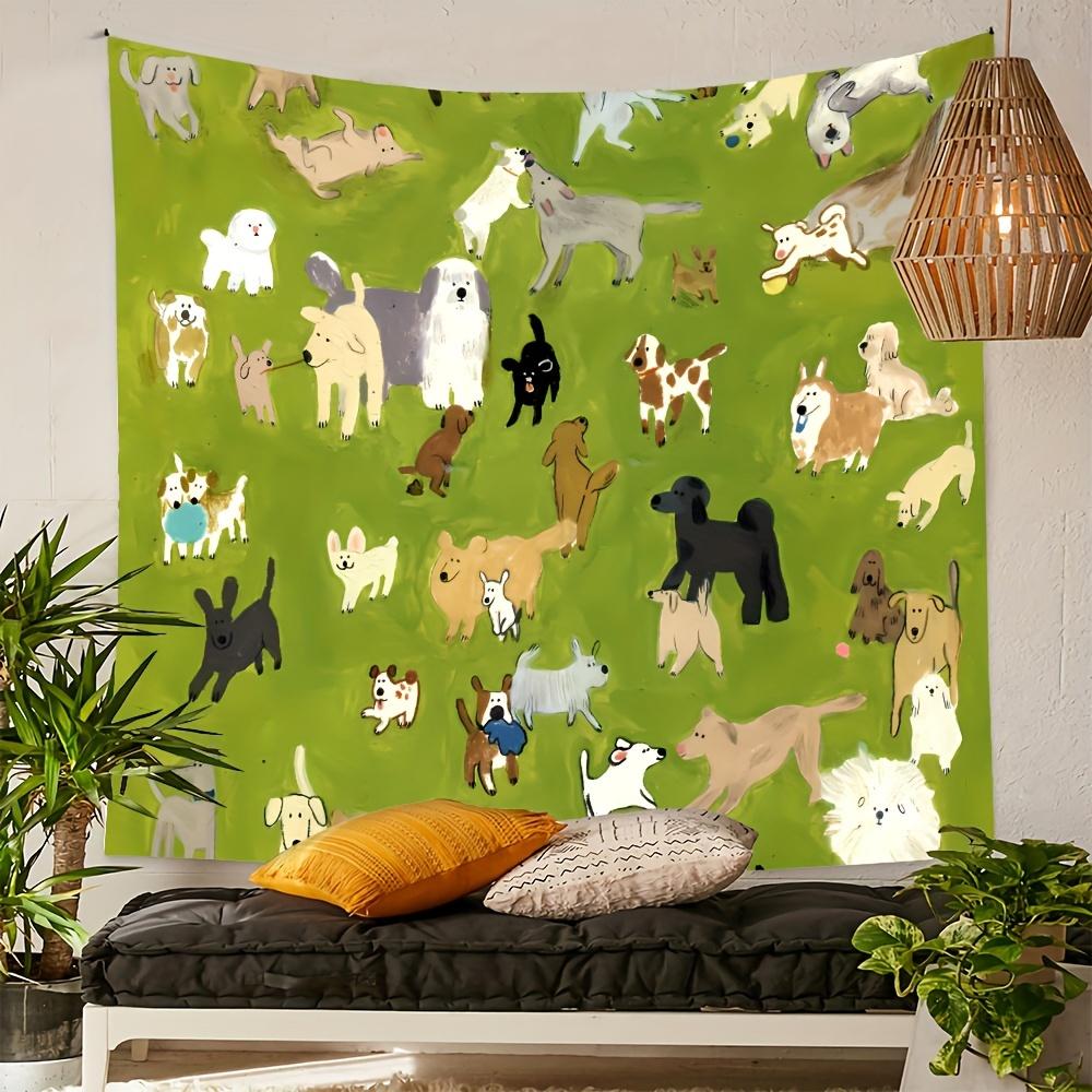 VIKAMA Cartoon Pet Tapestry Fresh Green Background with MultiBreed Dog Design Living Room Sofa Backdrop Wall Room Decor