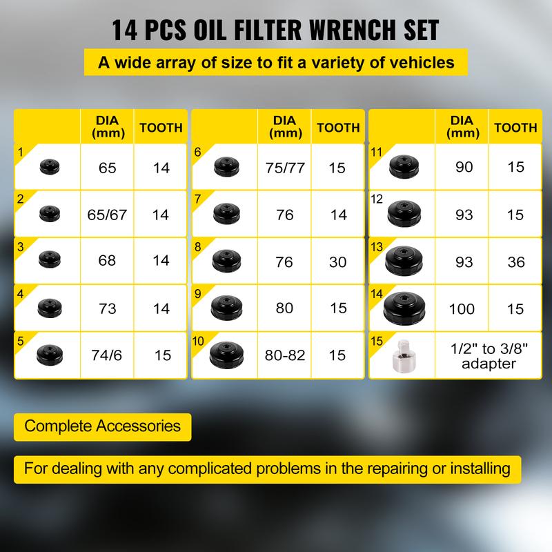 SucceBuy Ölfilterschlüssel-Satz 14 Teile Werkzeugsatz Stabiler Stahl 3/8" Flachprofil Ölfilterschlüssel-Satz Werkzeugkappen-Satz mit einfachem Zugang mit Koffer