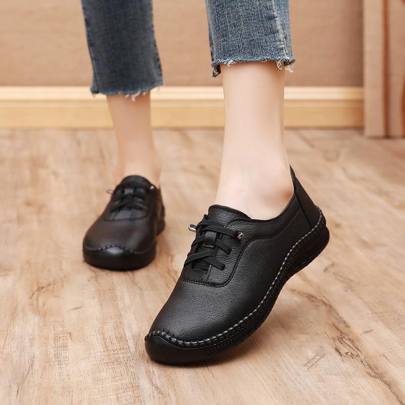 Mode Damen Echte Lederschuhe Frühling Damen Lässige Keilschuhe Schwarz Mama Las Bequem Klassisch Freizeit Loafer Schuh Ballerina Shdieoes
