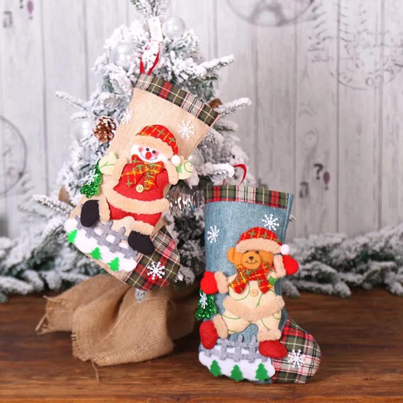 Cute Christmas Stockings Socks Fireplace Hanging Stockings Plush Personalized Home Party Decoration with Snowman Santa Elk Bear