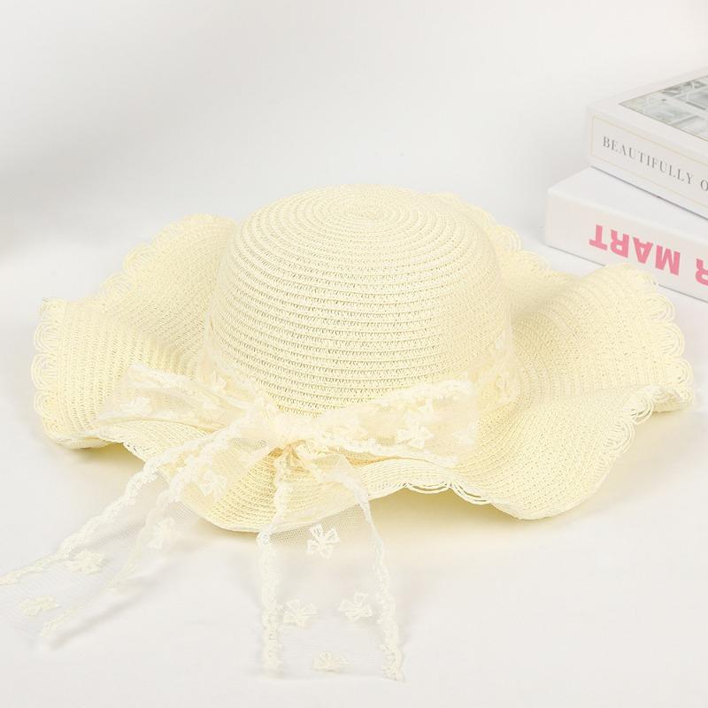 New sweet bow lace straw hat summer sunscreen sunshade outdoor big brim sun hat fashion lace streamer